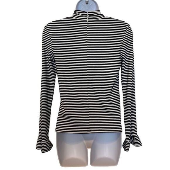 Gianni Bini Black White Stripe Ribbed Ruffle Cuff Cutout High Neck Top Blouse XS - Picture 2 of 7